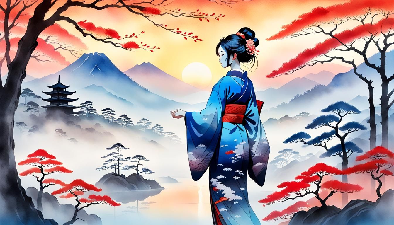 Ethereal Ukiyo-e Inspired Beauty in Serene Japanese Landscap...