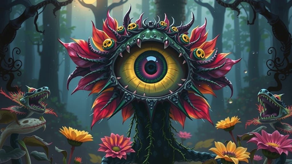 Menacing Cartoon Flower with Sharp Teeth in Surreal Style