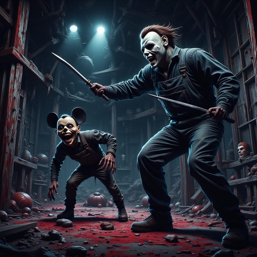 <lora:The  Halloween Shape:1.0>cartoon Michael Meyers chasing some one dressed as Mickey <lora:-Lunatic-:1.0> Mouse
