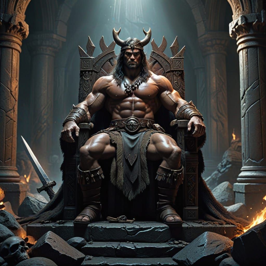Conan the Barbarian King on Throne in Epic Fantasy Art