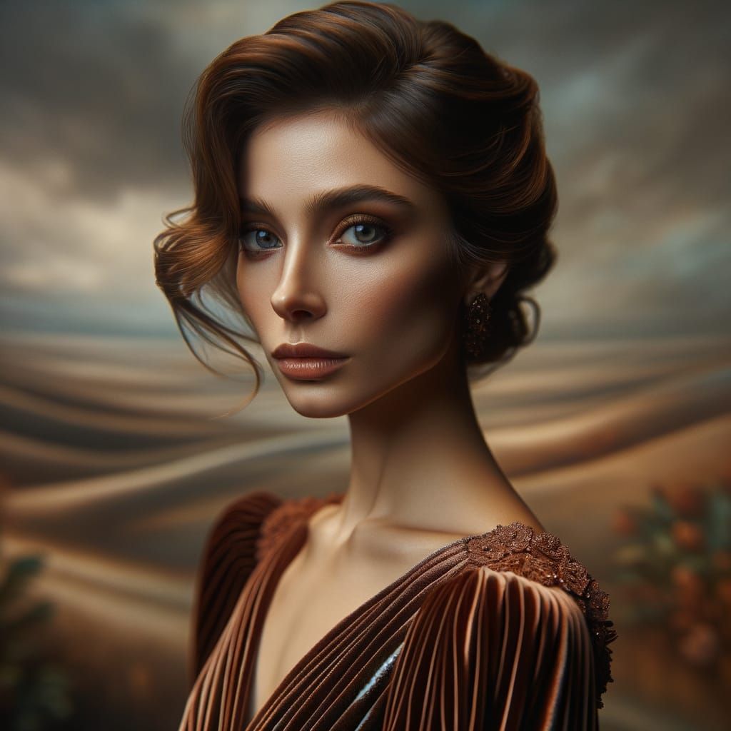 beautiful woman in elegant brown dress in the middle of the ...