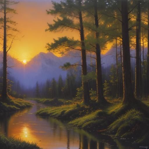 Romantic Forest Landscape at Sunset