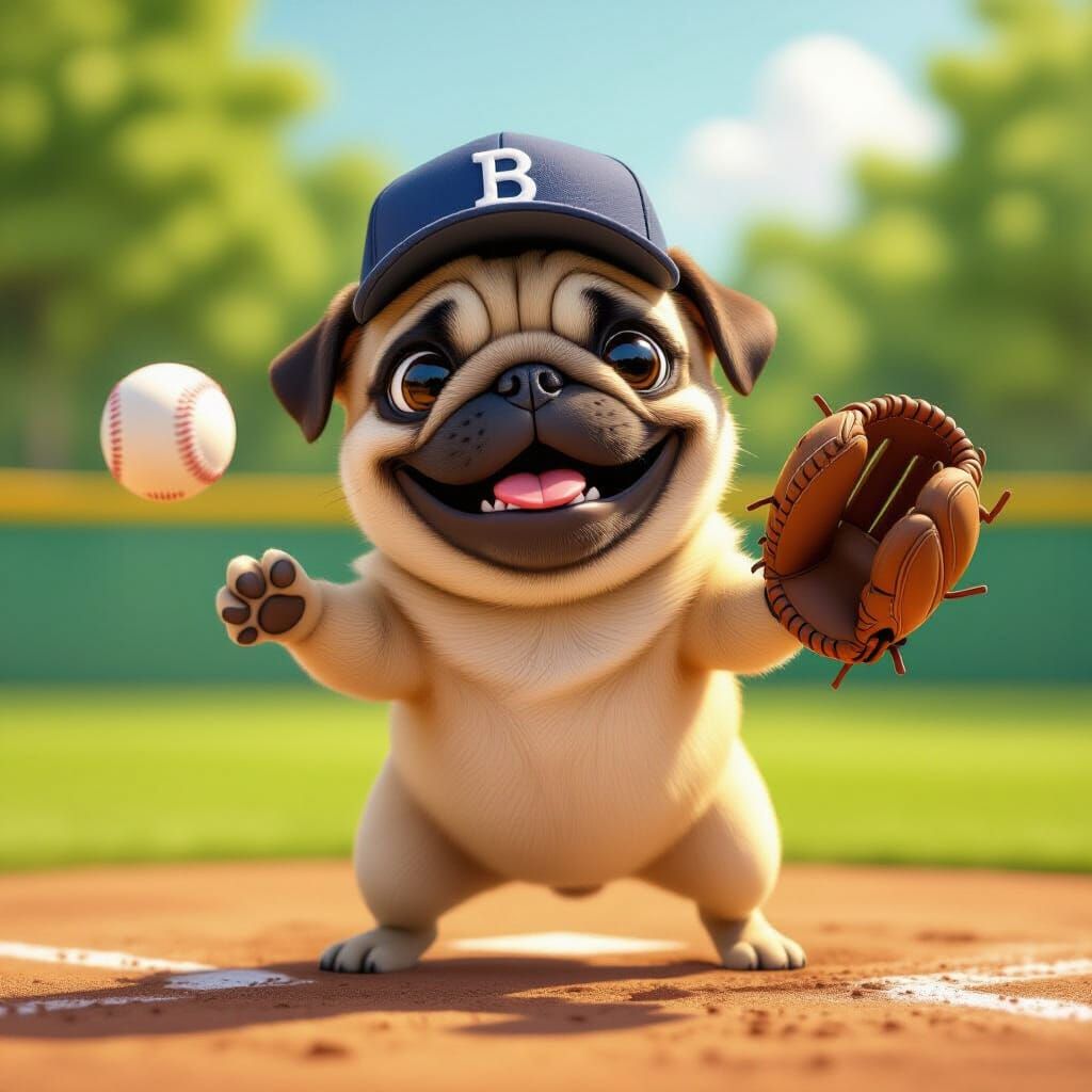 Happy Pug Pitches Baseball in Sunny Park Cartoon Style