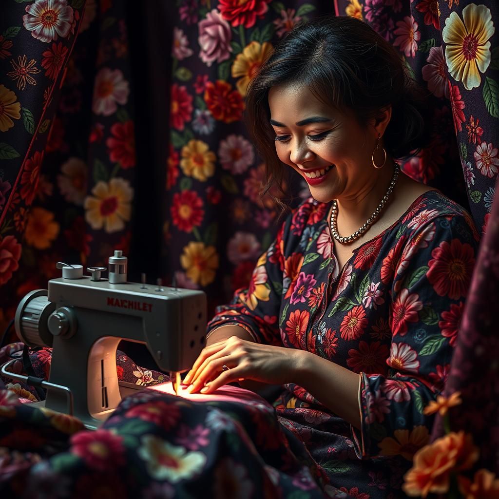 Craftswoman Surrounded by Vibrant Flowery Fabrics in Moody V...