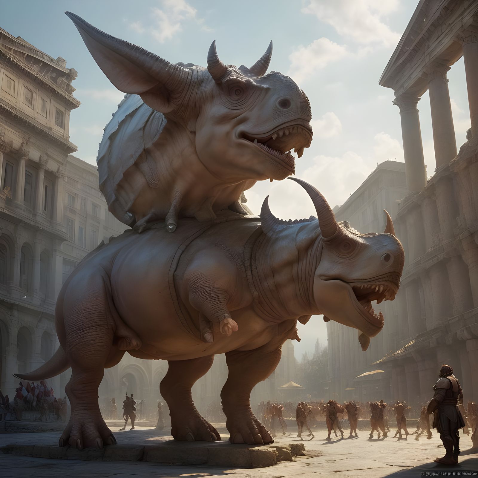 Surreal Roman Triceratops Guardian as Triadic Color Concept...