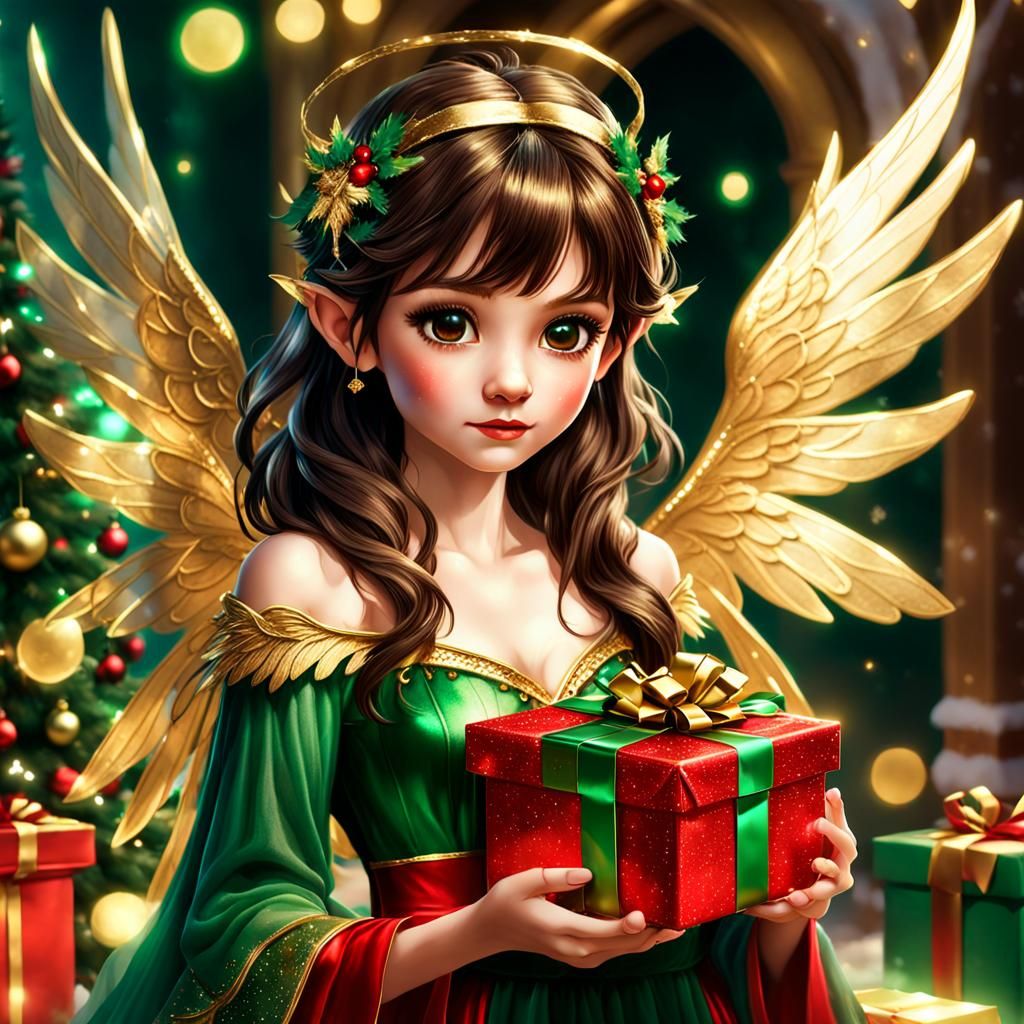 Vibrant Christmas Fairy with Golden Wings and Rich Textures
