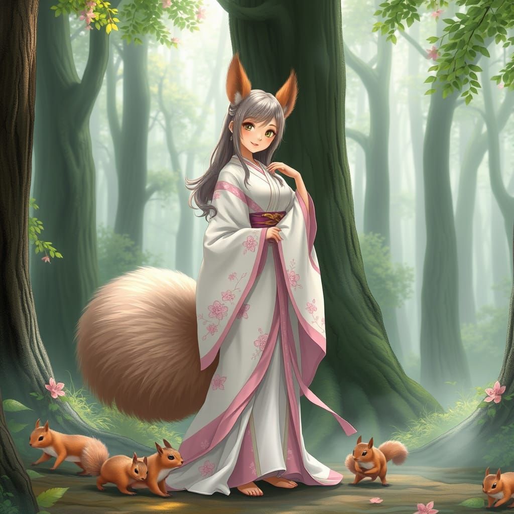 Japanese Anime Squirrel Girl in Cherry Blossom Forest