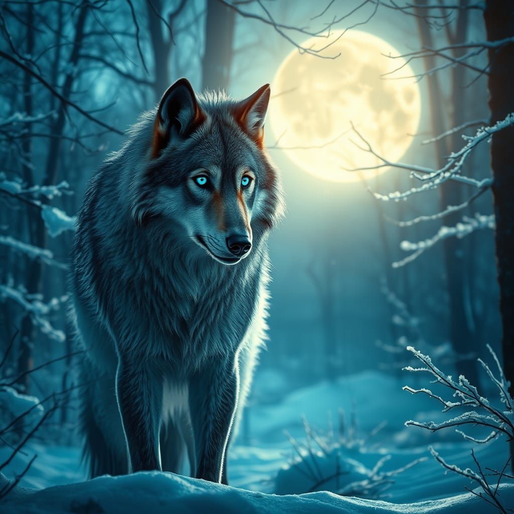 Majestic Wolf in Snowy Forest Hyperrealistic Photo