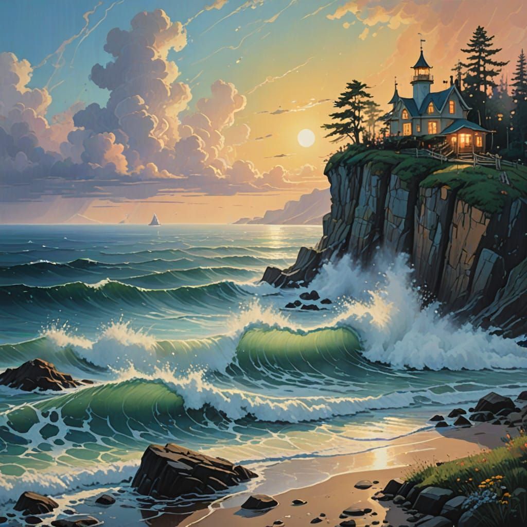 Ethereal Sea Dance in Dreamy Gouache Landscape