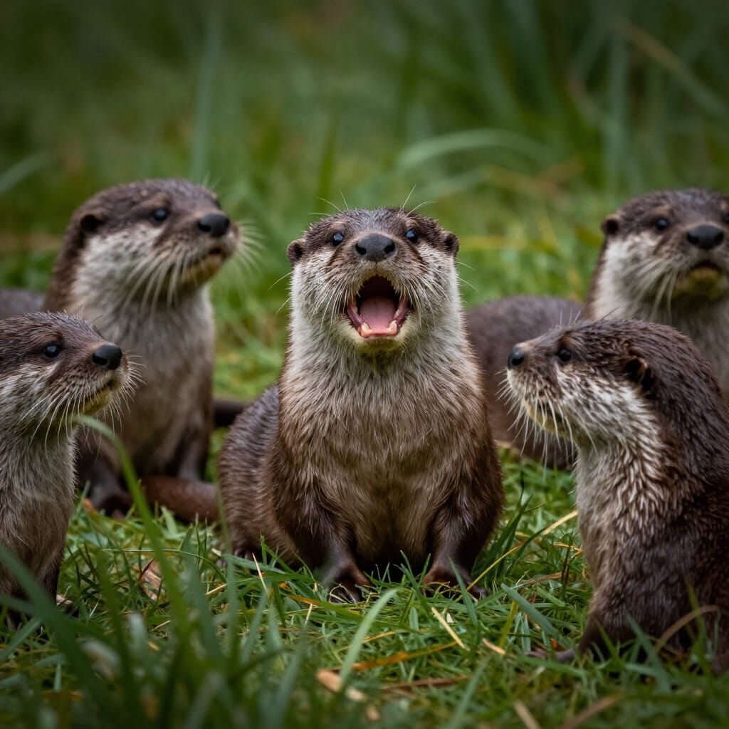 Wild Otters Resting on Green Grass in Natural Light