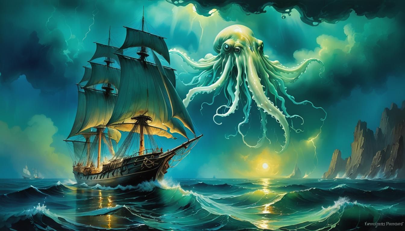 Tragic Schooner Caught in Cyane's Glowing Tentacles at Dusk