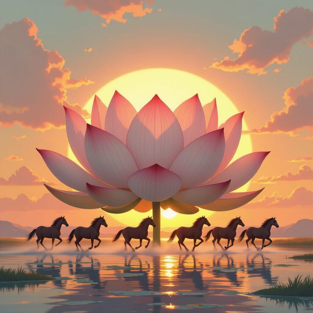 Lotus Flower and Seven Horses at Sunrise
