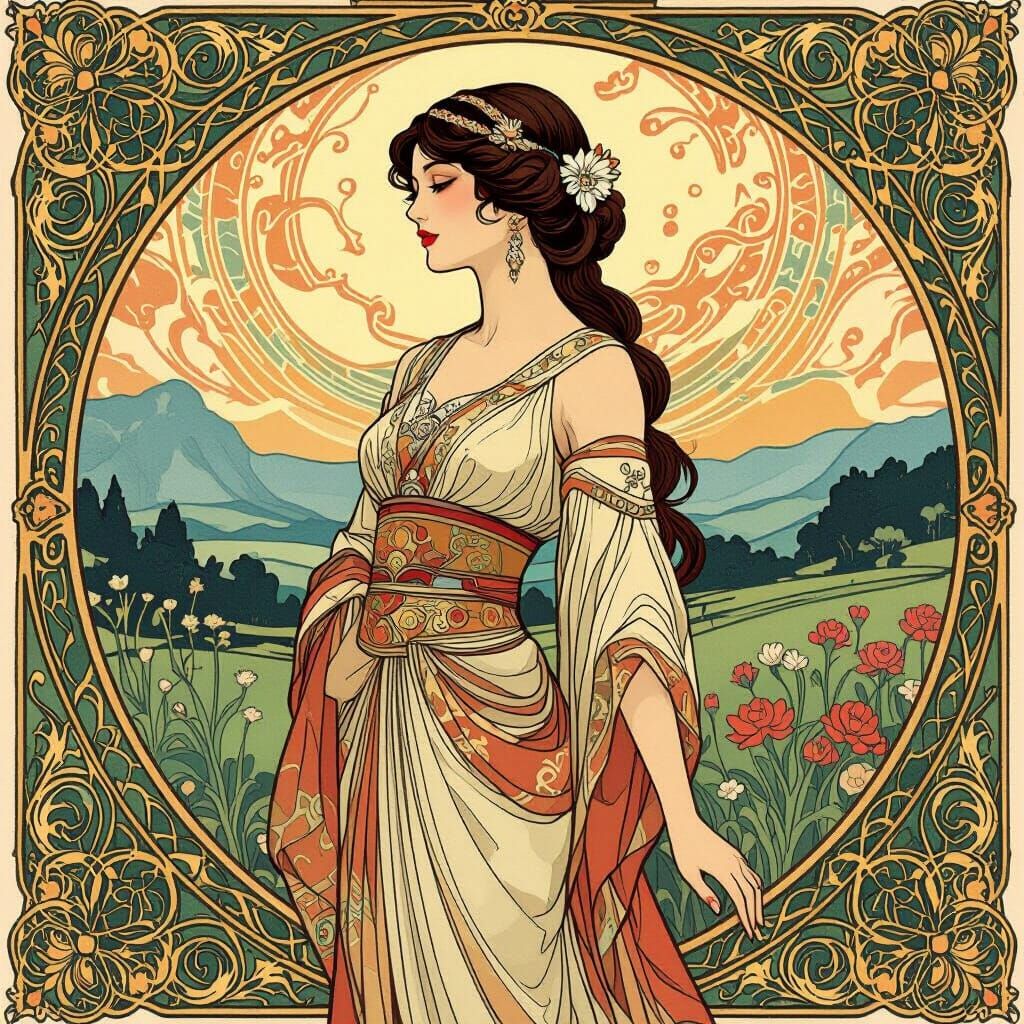 Elegant Woman in Serene Landscape, Art Nouveau Style