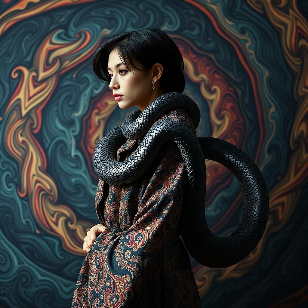 Surrealistic Portrait of a Woman and Serpent in Harmonious C...