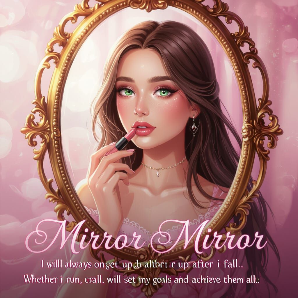 Savage Girl with Pink Theme Reflects in Ornate Mirror