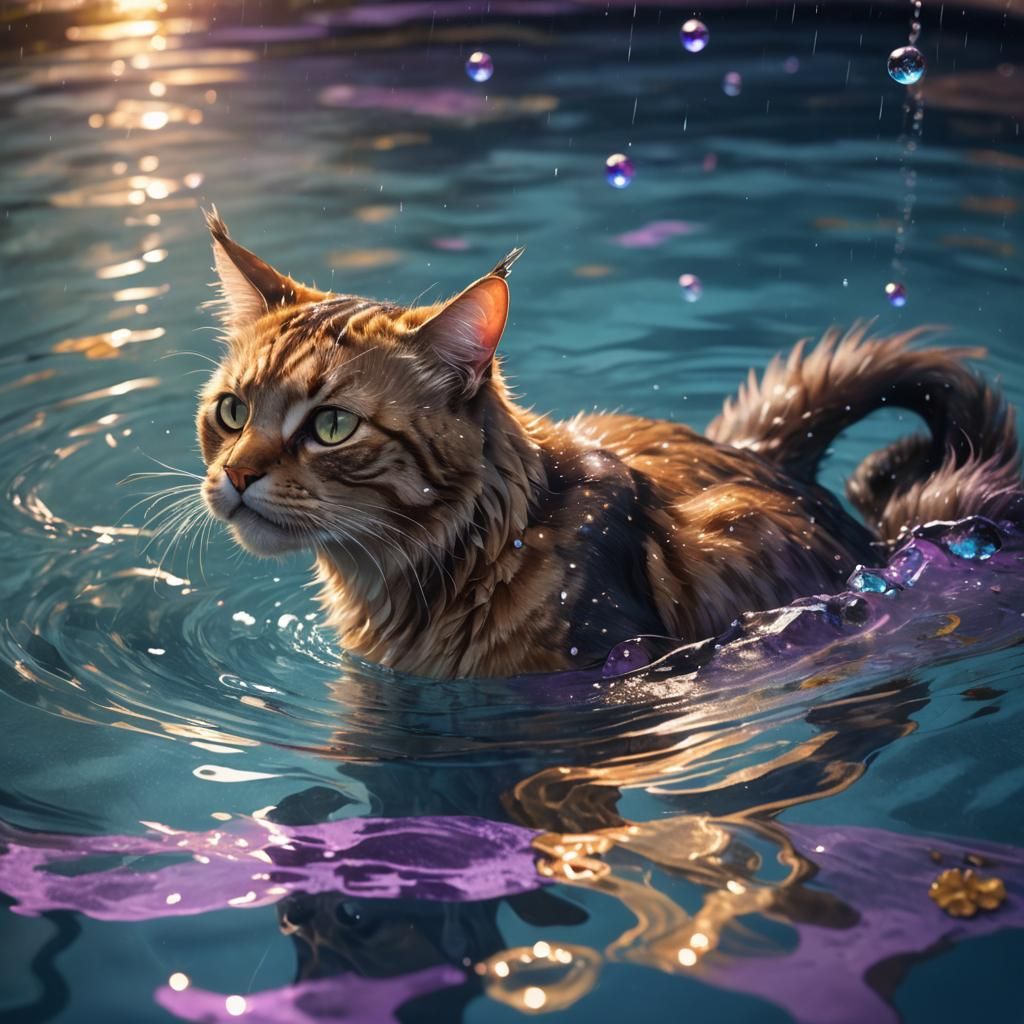 Fantasy Cat in Illuminated Pool