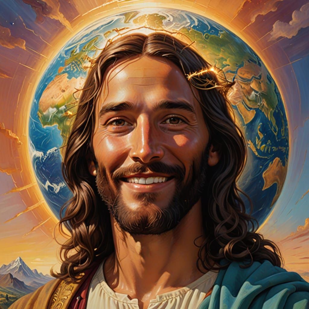 Jesus Christ Holding Earth: Surreal Oil Painting