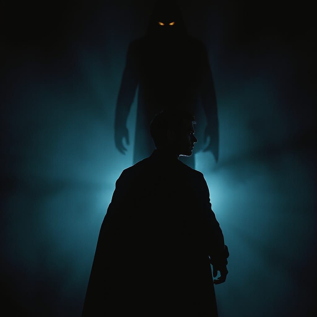 Heroic Figure in Dark Confrontation: Cinematic Still