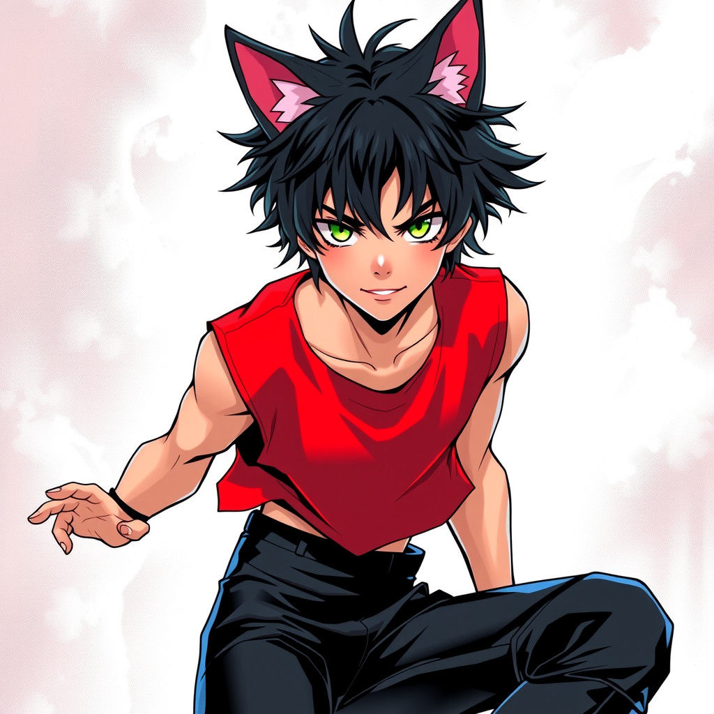 Teenage Boy with Black Cat Ears and Manga-Inspired Style