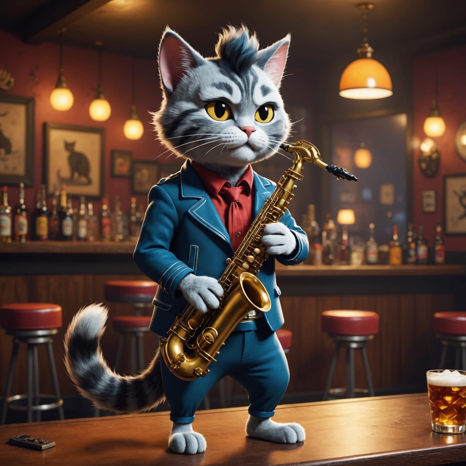 Rockabilly Cat Plays Saxophone in Smoky Bar