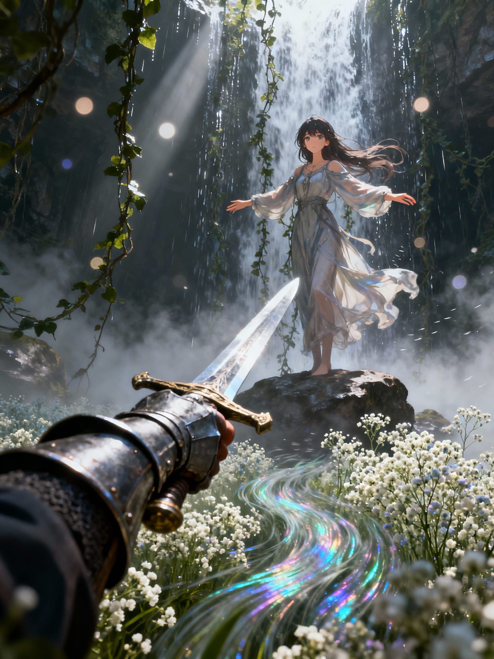 Knight's Sword Points to Anime Woman by Waterfall
