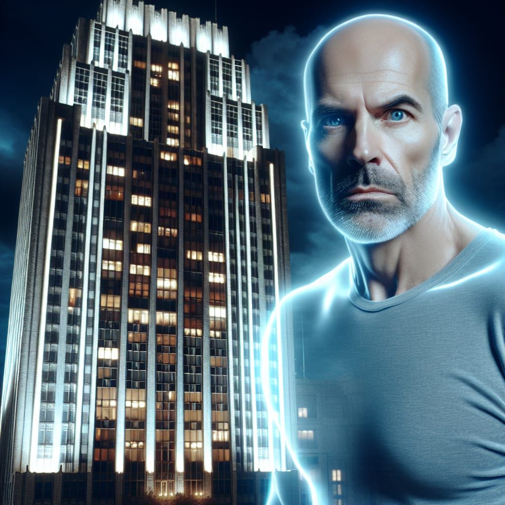 Bruce Willis Ghost Image in Cyberpunk Cityscape