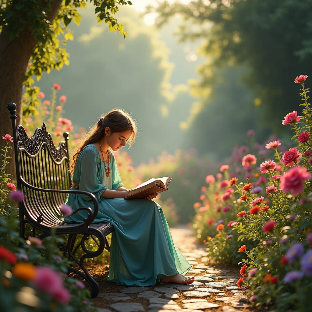 Dreamlike Garden Scene with Elegant Girl Reading in Vibrant....