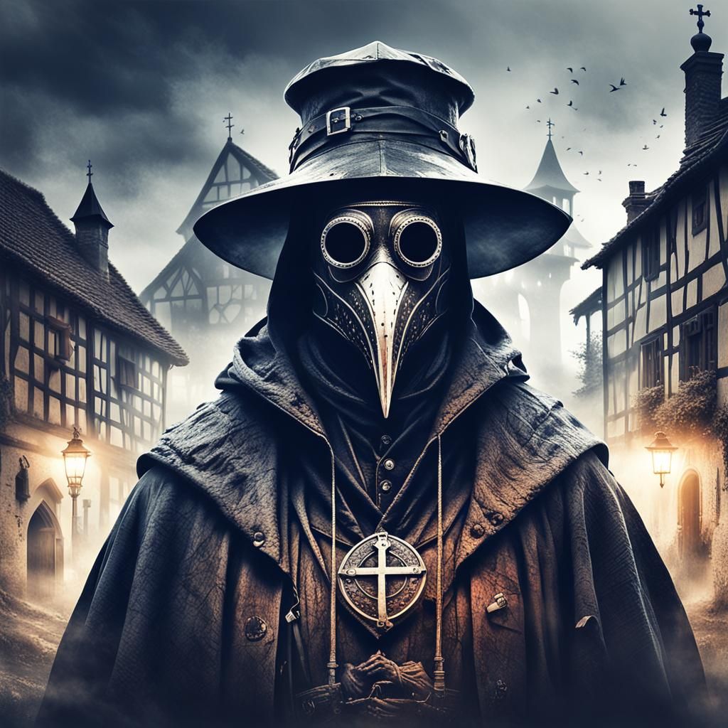 Medieval Plague Doctor in Eerie Dawn Landscape