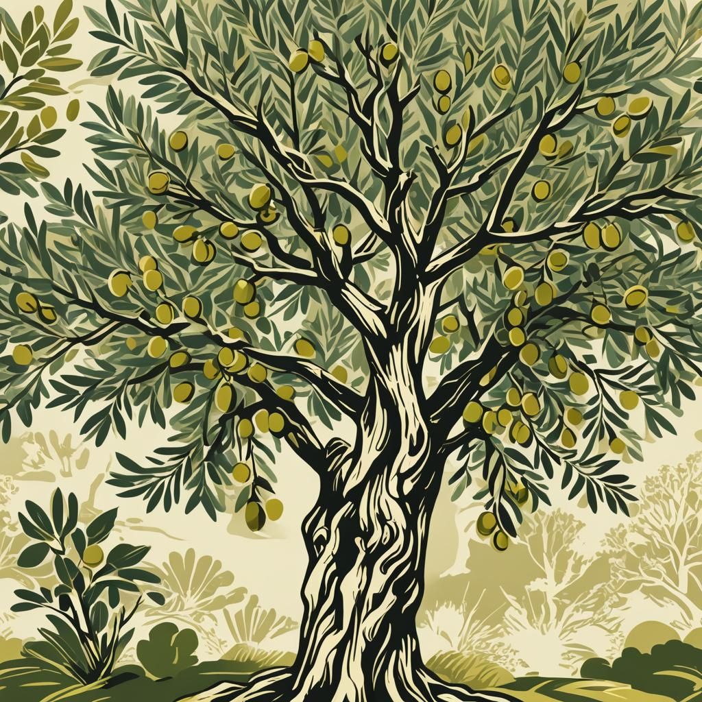 Vibrant Olive Tree in Mid-Century Modern Screen Print Style