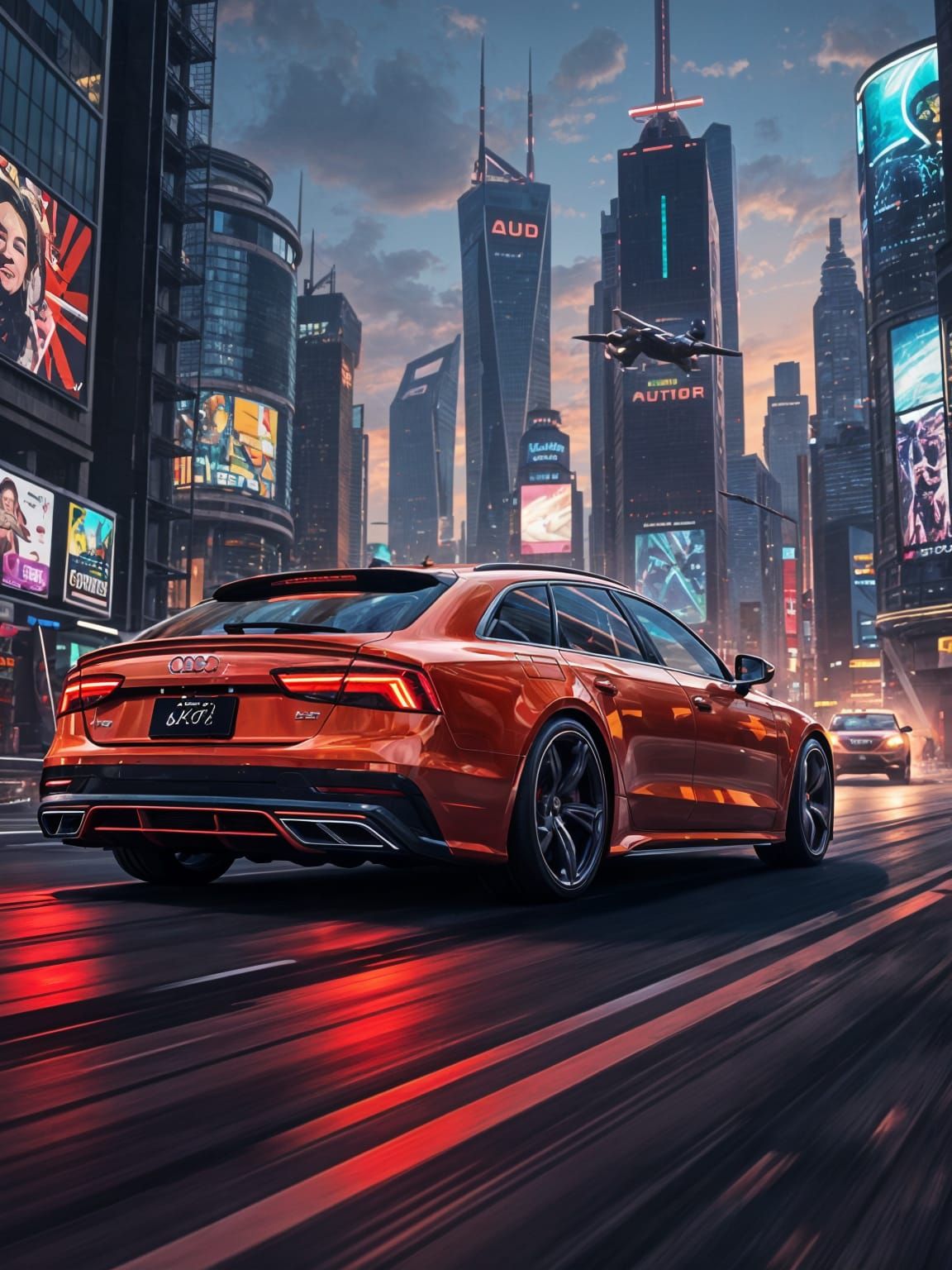 Sleek Copper Audi Avant S7 in Cyberpunk Cityscape