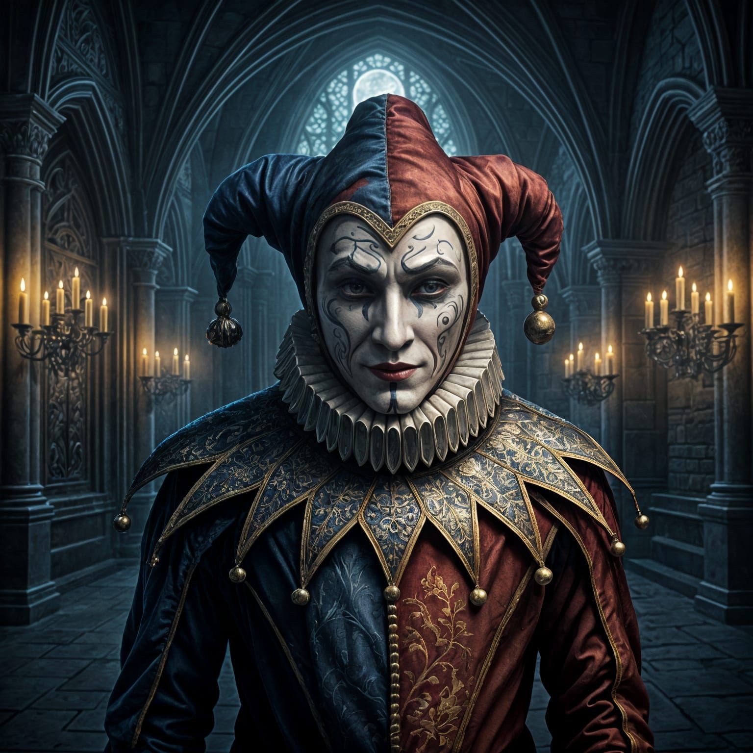 Solemn Jester in Moonlit Castle Hall