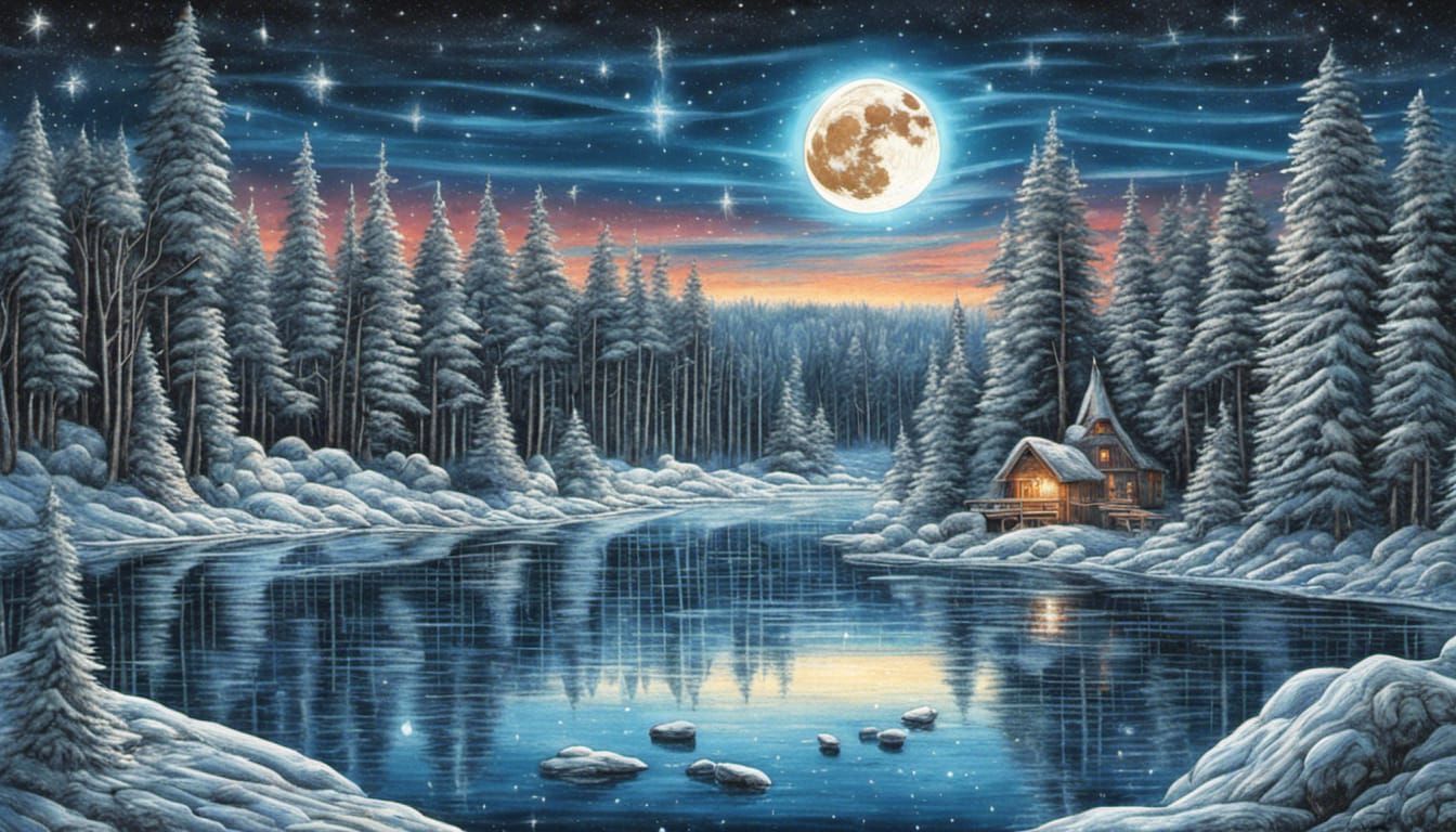 Frozen Lake Scene in Detailed Colored Pencils Style