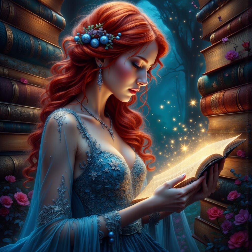 Red-Haired Woman in Grand Library, Hyperrealistic Romanticis...