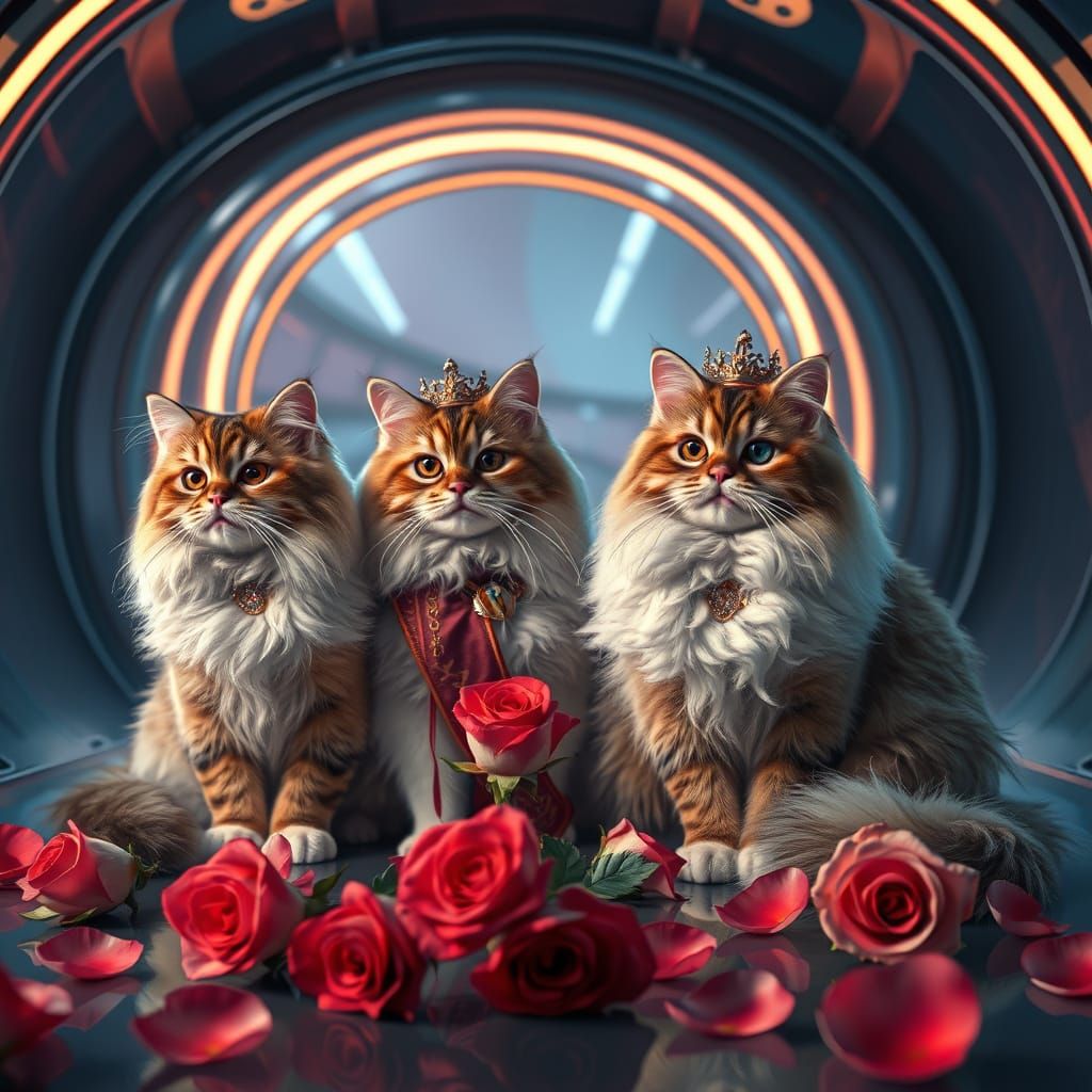 Royal Cats in Futuristic Interior with Roses