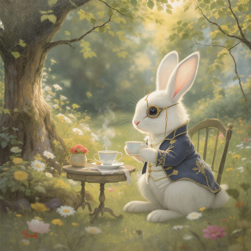 Whimsical Rabbit Enjoys Tea in Sun-Dappled Forest Clearing