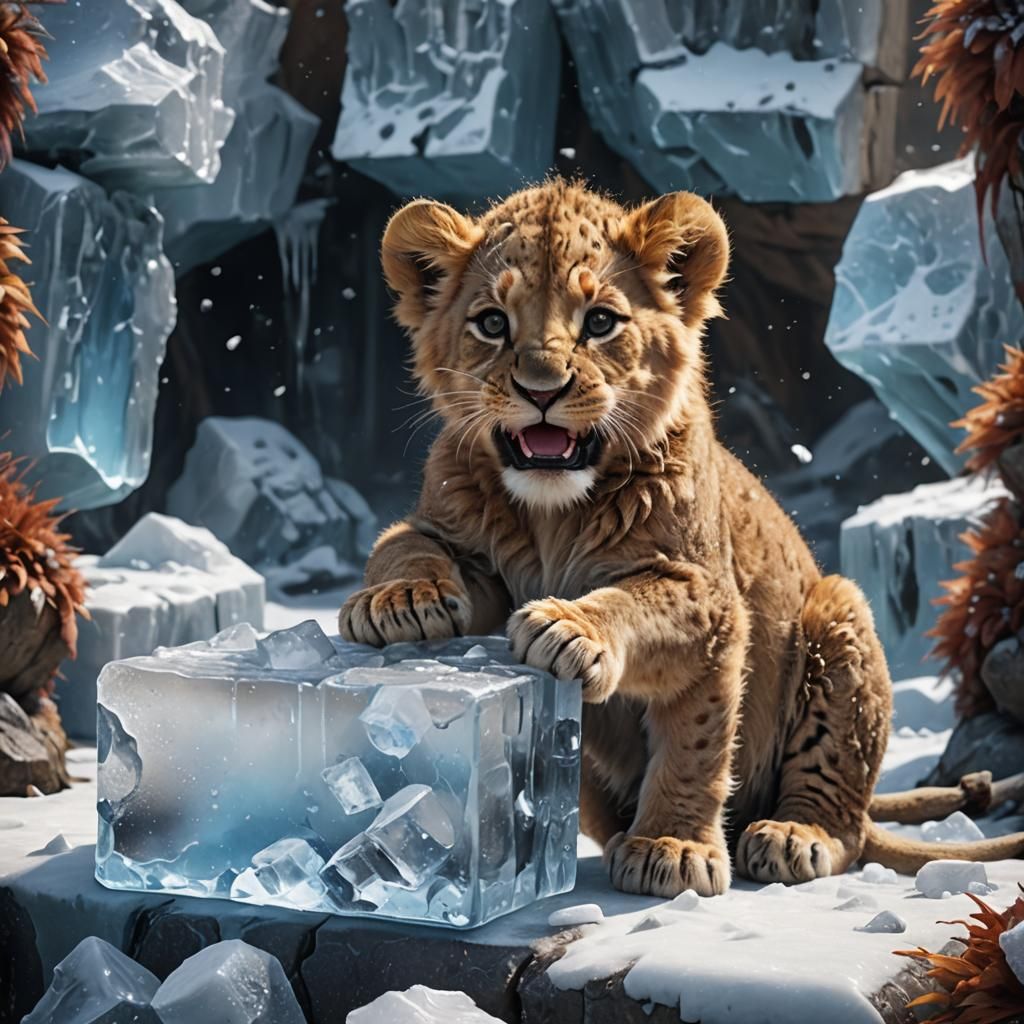 Vibrant Fantasy Lion Cub Licks Icy Delight in Detailed Matte...