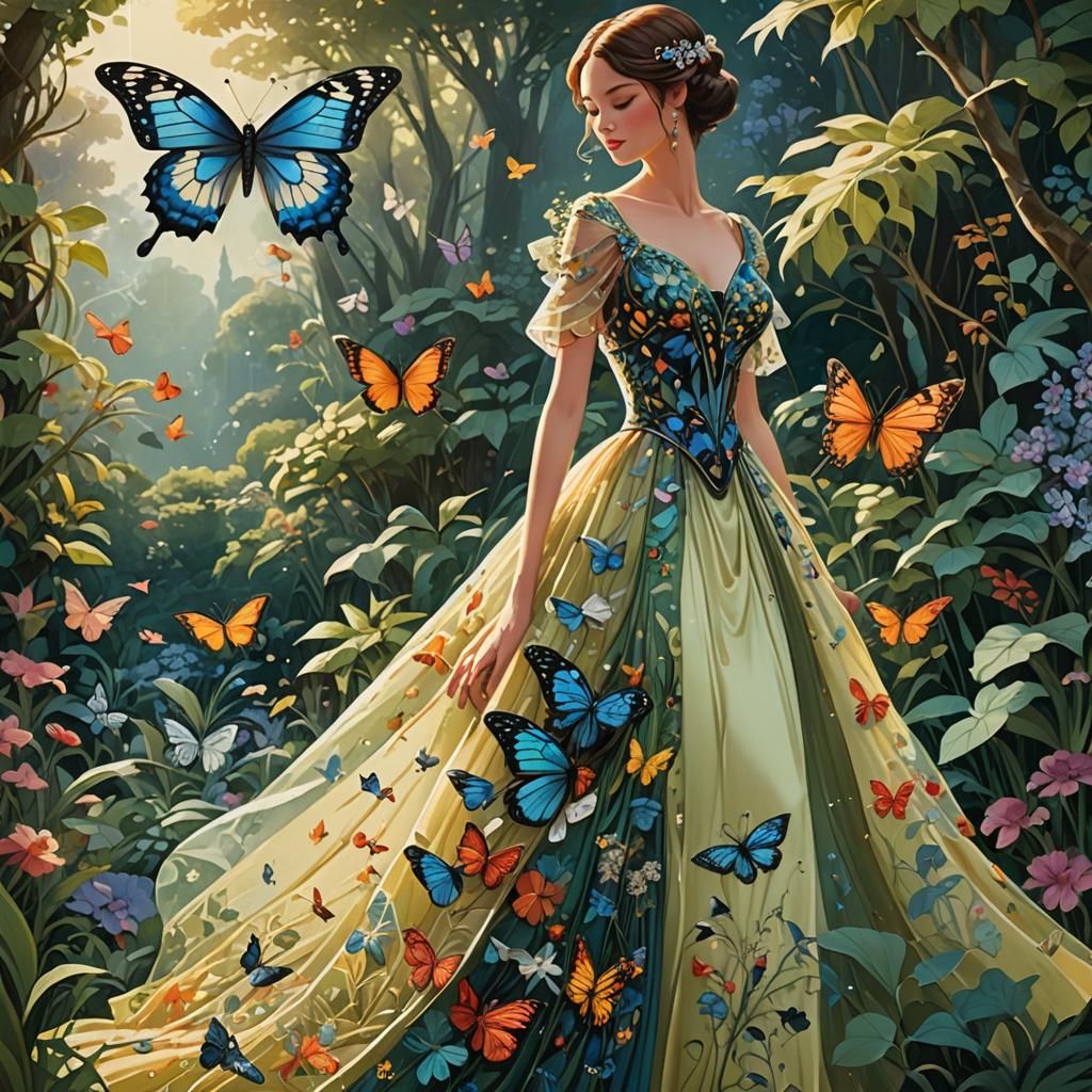 Delicate Fantasy Butterfly on Antique Dress in Vibrant Garde...