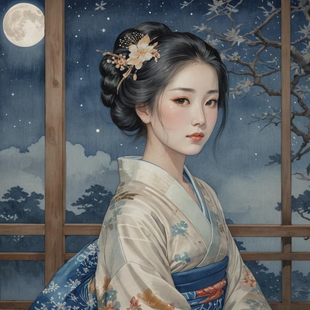 Traditional Japanese Beauty in Elegant Moonlit Setting