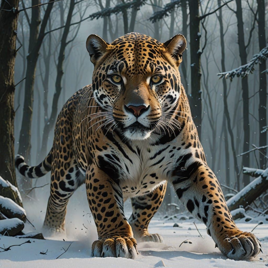 Fierce Jaguar in Epic Winter Forest Leap