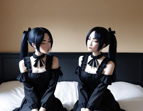 Two Gothic Kitsunes Share a Romantic Moment on a Bed