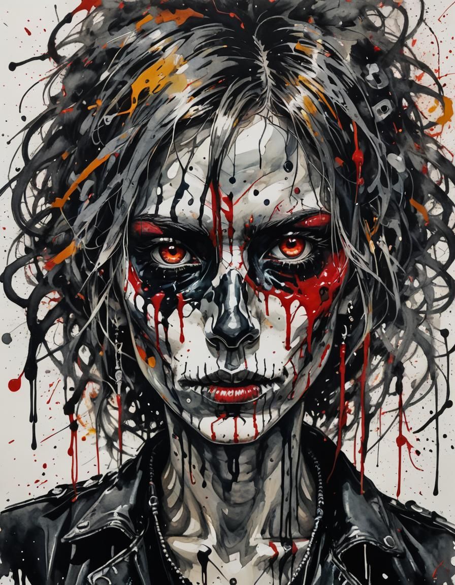 Sorrowful Skull-faced Punk Rockstar in a Blood Drippy Ink Pa...