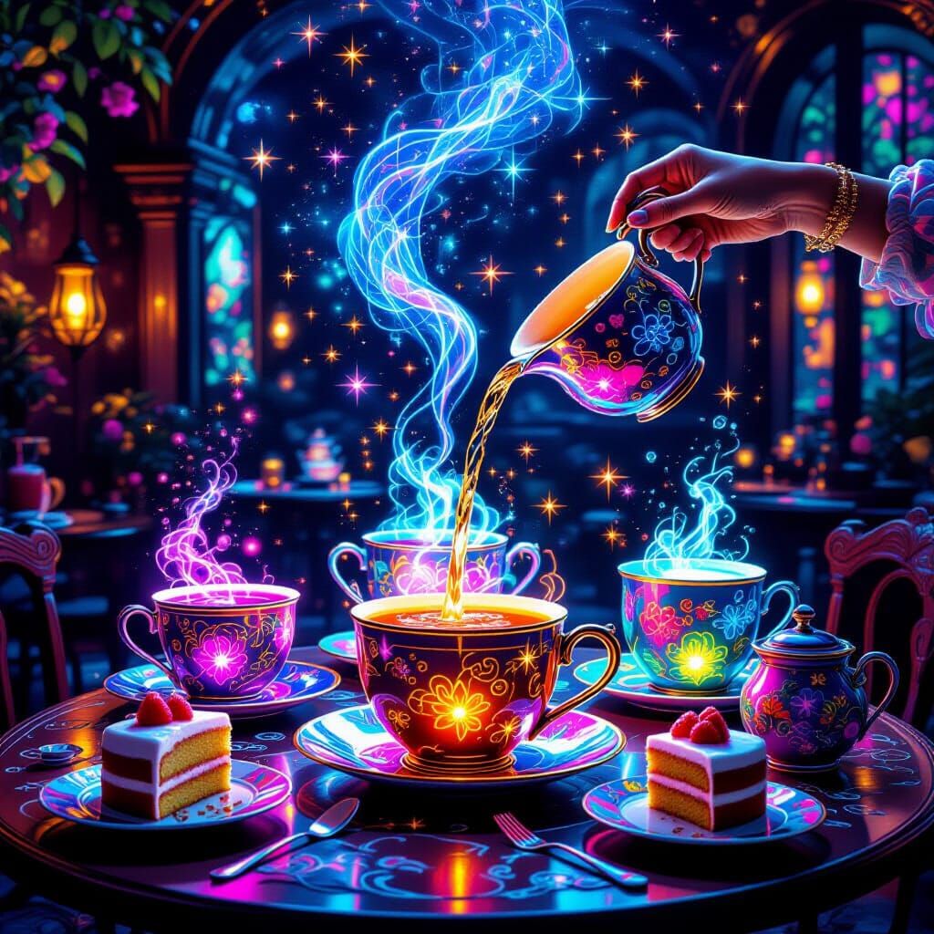 Magical Enchanted Tea Room with Glowing Cups