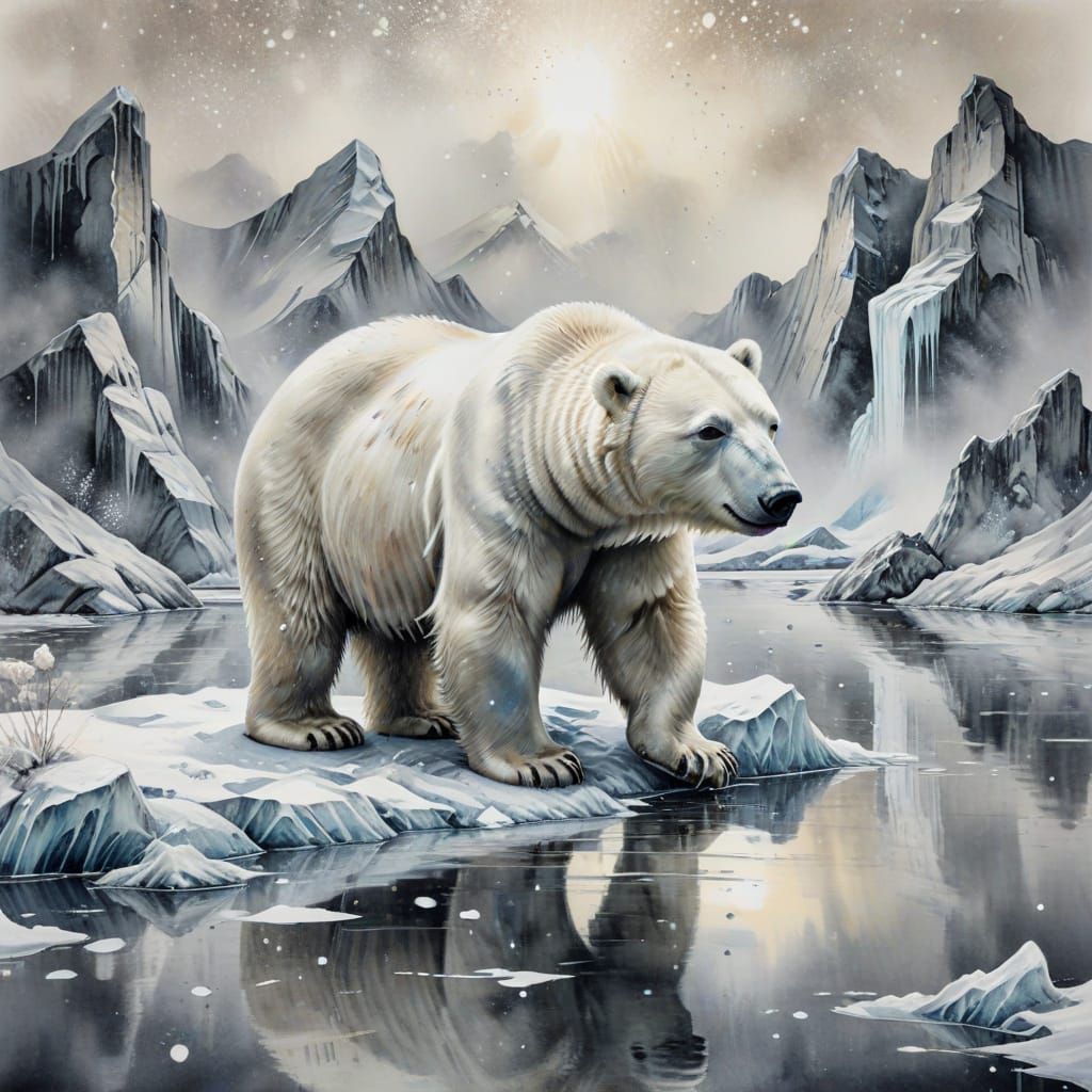 Polar Bear in Arctic Landscape as Ink Painting
