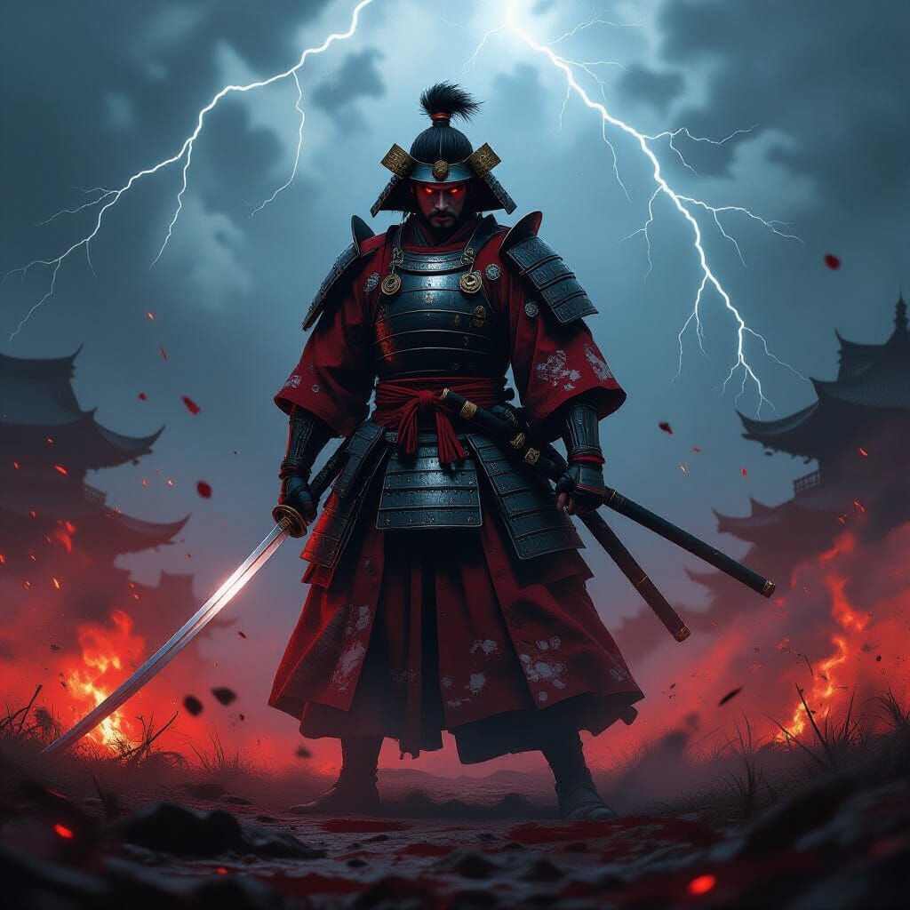 Fierce Samurai Warrior in Crimson Kimono on Battlefield
