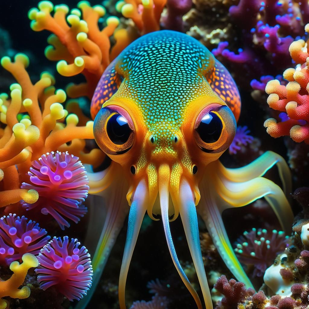 Iridescent Squid Shines Amongst Vibrant Coral Reefs in Stunn...