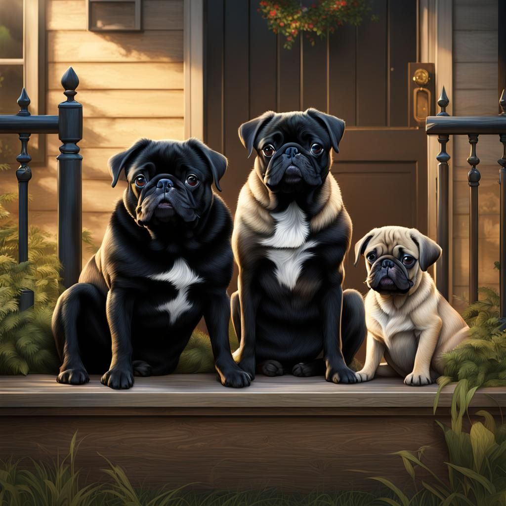 Pugs Snuggle with Boxer on a Dreamy Backyard Porch