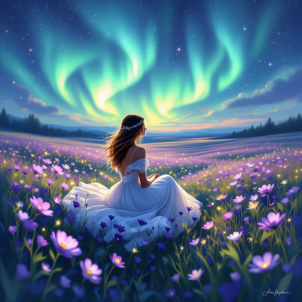 Woman in Purple Flower Meadow Under Aurora