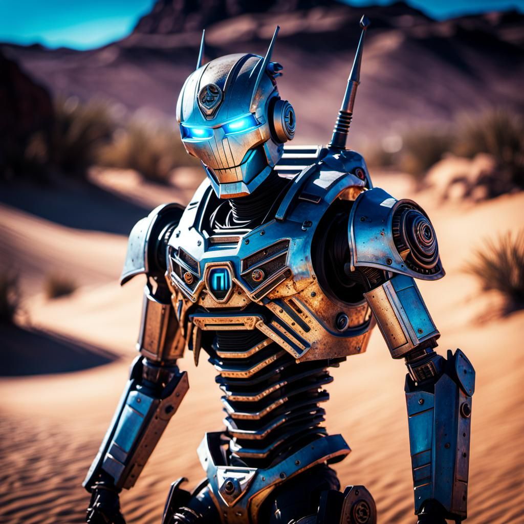 Glowing Neon Robot Emerging from Desert Ruins