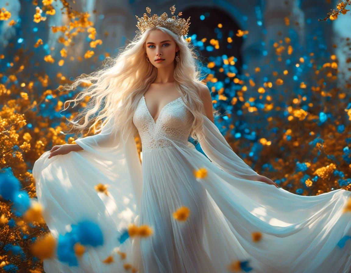 Goddess in Elegant White Gown with Vibrant Blue Eyes under S...
