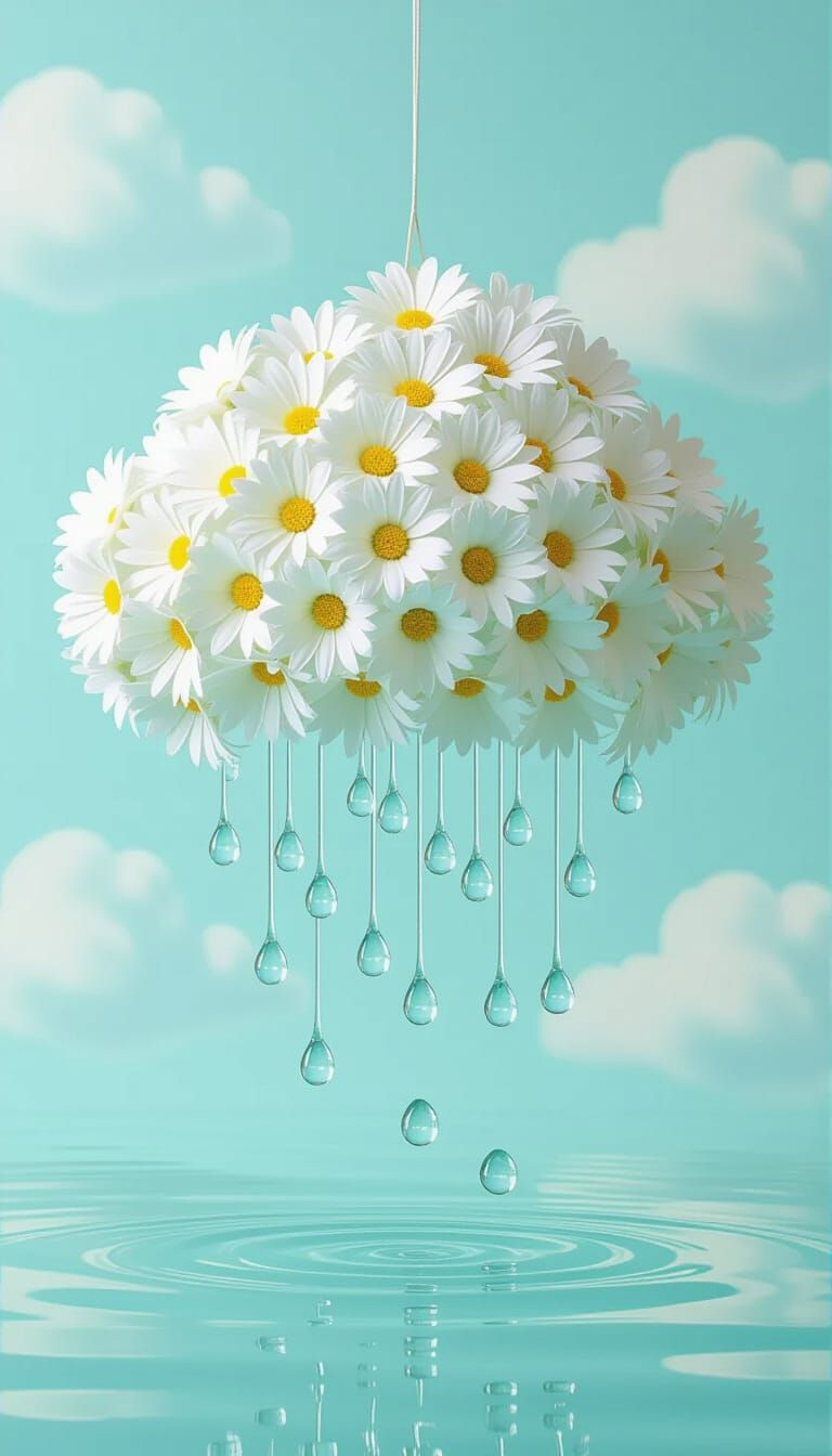 Cloud-Shaped Daisy Bouquet with Water Droplets